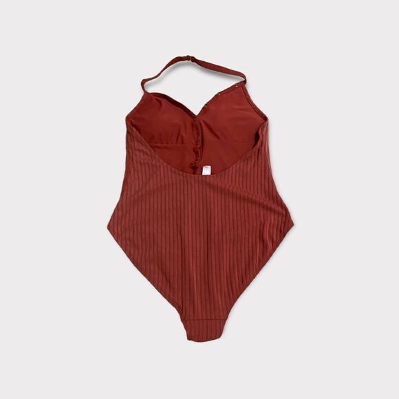 Burnt Orange Brick Ribbed Halter Top Bodysuit - Picture 2 of 6